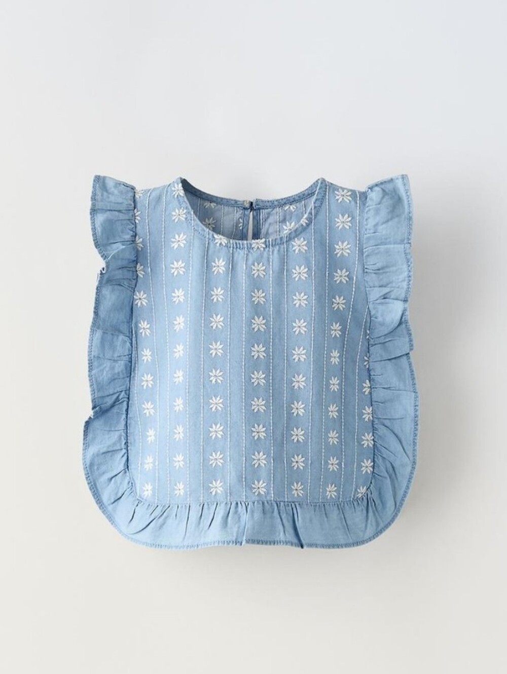 Light Blue Floral Embroidered Ruffle Top
